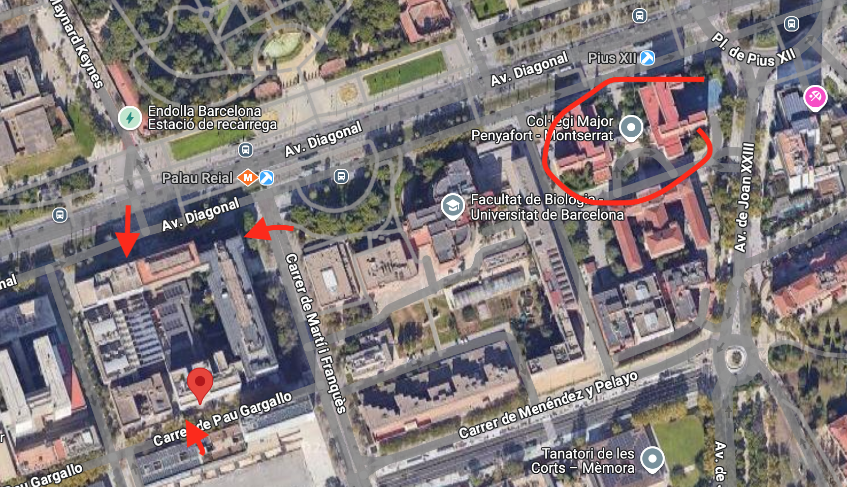 The red arrows indicate possible entrances into the building. The Google locations shows where on the 7th floor the seminar is located.